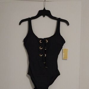 Michael Kors Black One Piece Bodysuit with Gold Accents